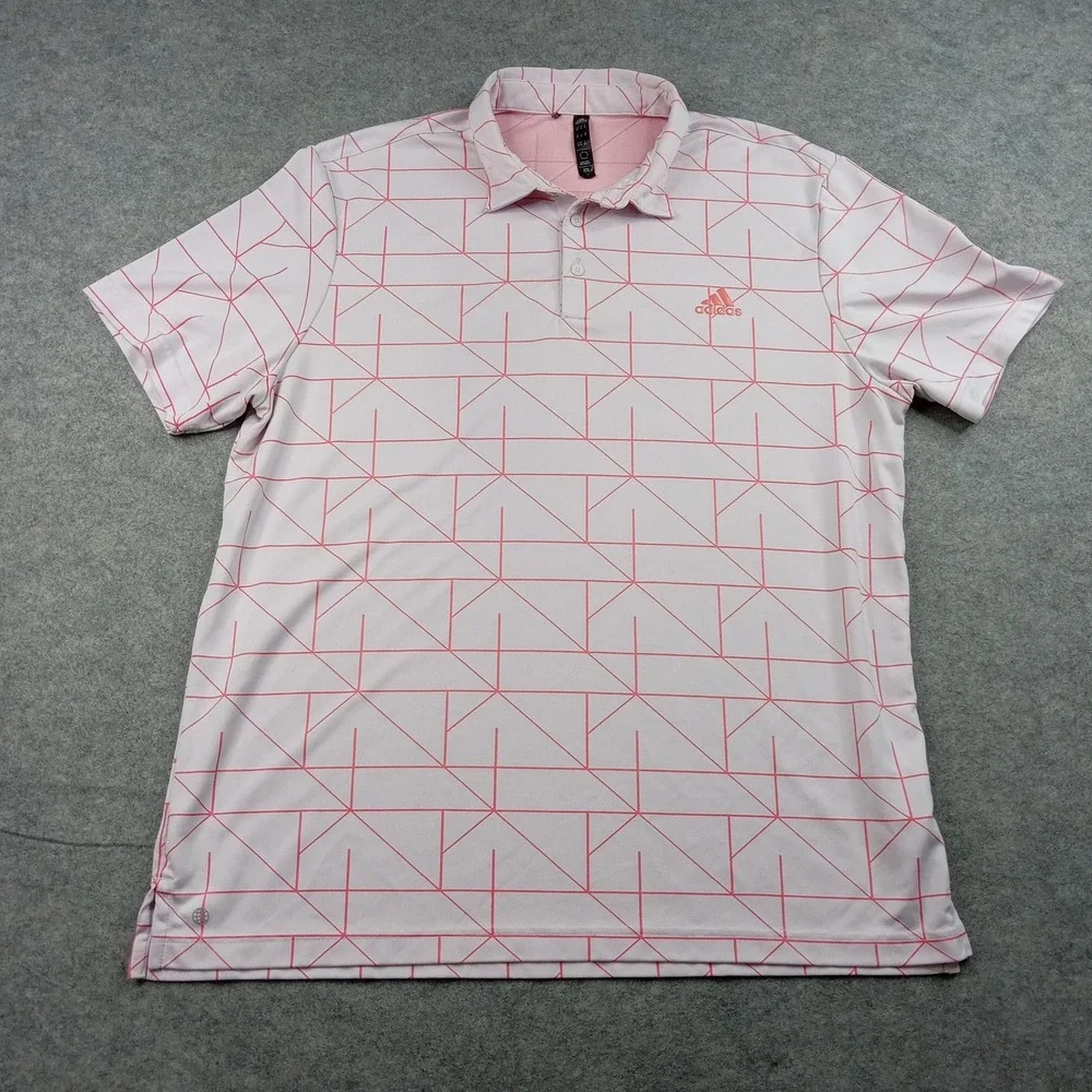 Adidas Polo Shirt Mens Large Pink Geometric Print Golf Performance Stretch Top